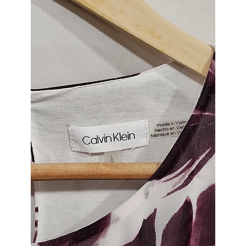 Calvin Klein Blouse Womens L Purple Floral Sheer Slip-in 3/4‎ Sleeve Tropical - Picture 2 of 10